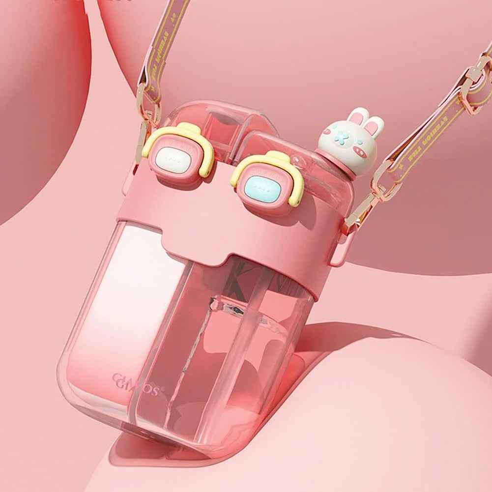 Pink Cartoon Double Layer Water Bottle with Straw R8780