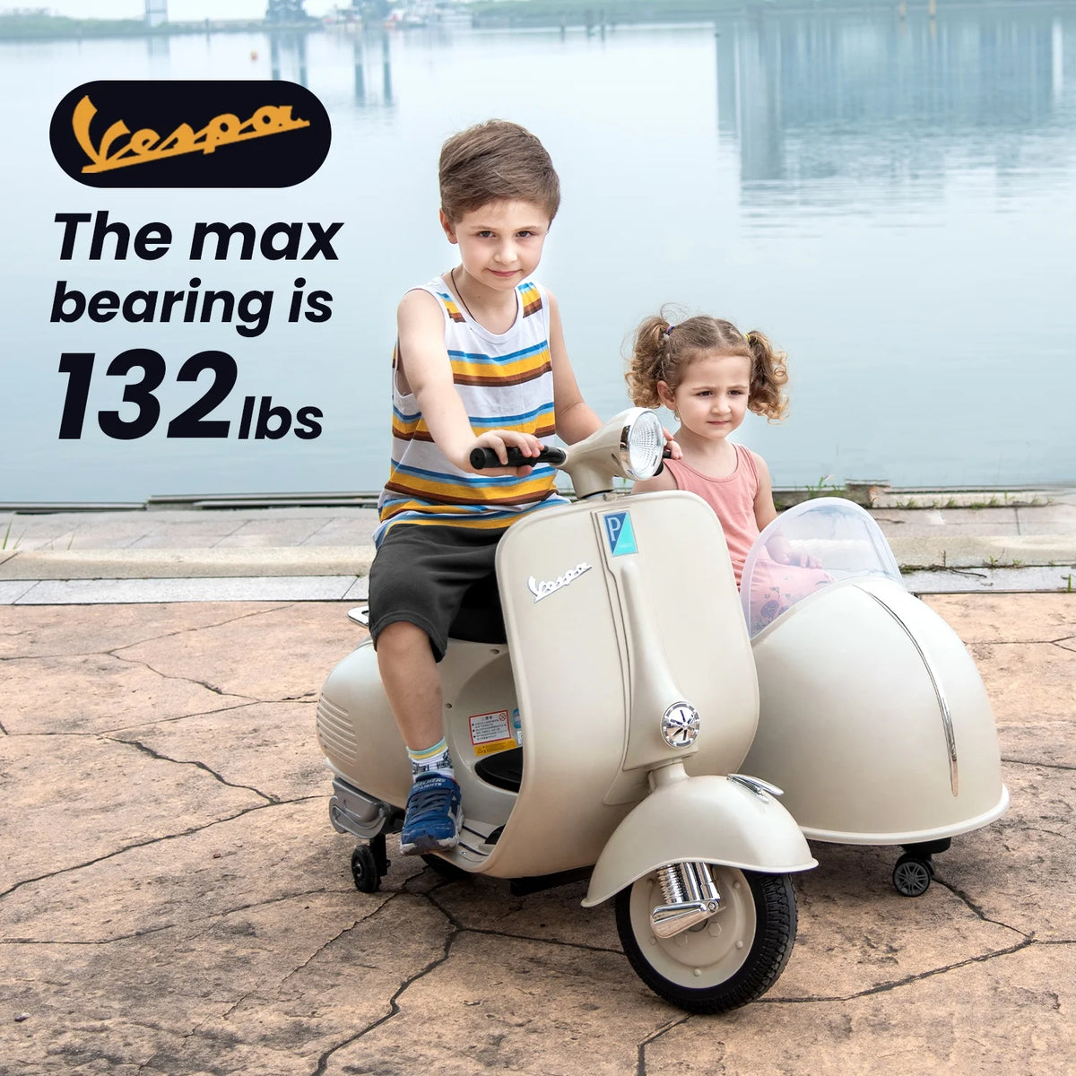 12V Licensed Vespa Ride on Motorcycle with Side Car, 2-Seater Electric Car for Kids, Grey K4003