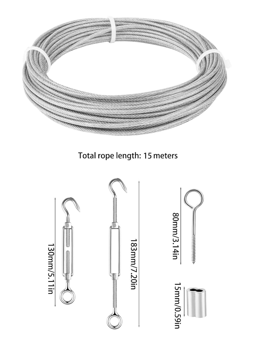 1/8 Wire Rope Kit with 100ft Stainless Steel Cable, M5 Turnbuckle Hook and Eye, Double Hole Cable Clamp P831885