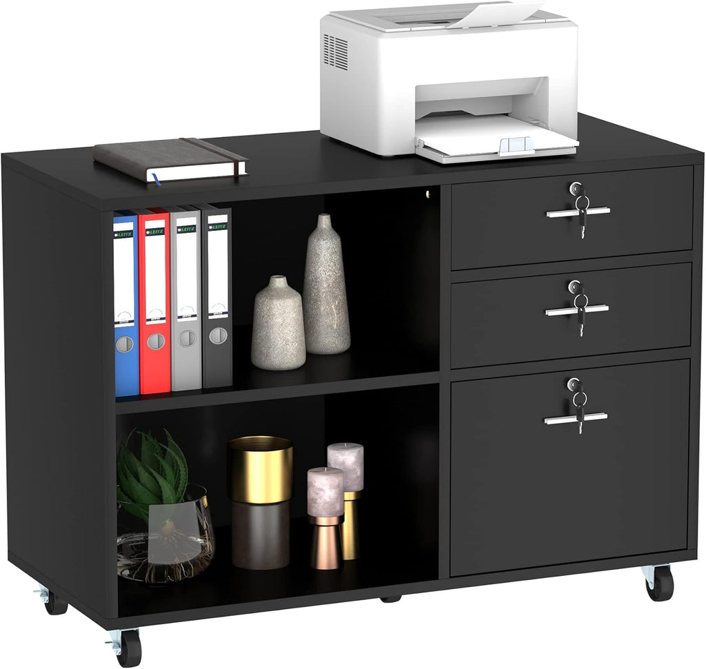 Black 3 Drawer Mobile Wood File Cabinet with 2 Open Shelves A9746