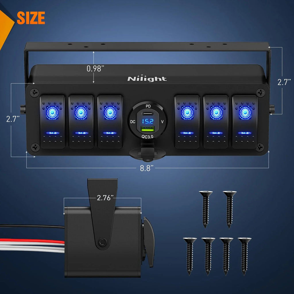 6 Gang Rocker Switch Panel with USB Charger Voltmeter Z93364